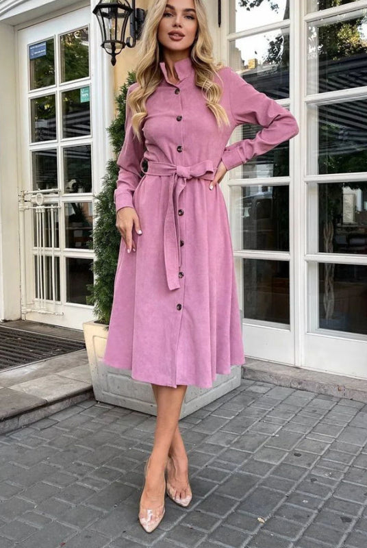 Pink button-down midi dress with belt, Elegant Daily Dress for stylish daily wear