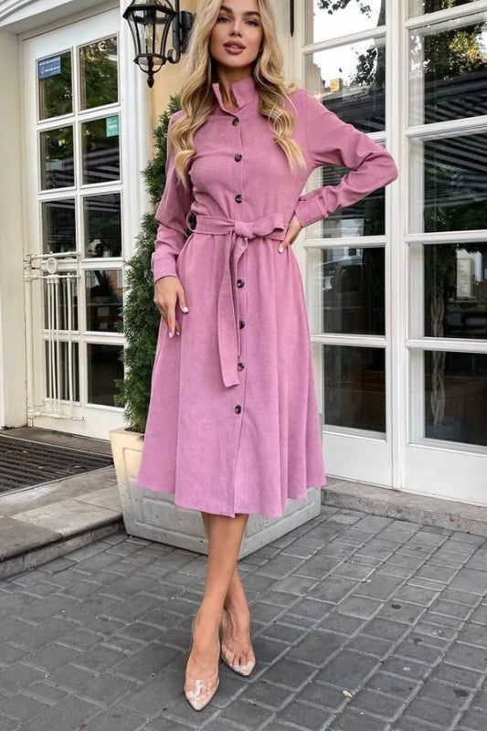 Pink button-down midi dress with belt, Elegant Daily Dress for stylish daily wear