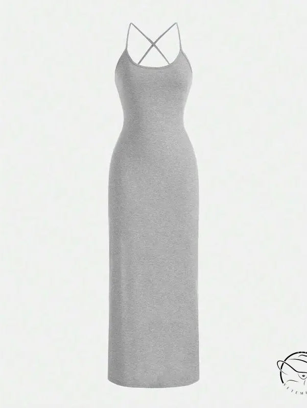 Gray sling bare hip dress with form-fitting spaghetti straps
