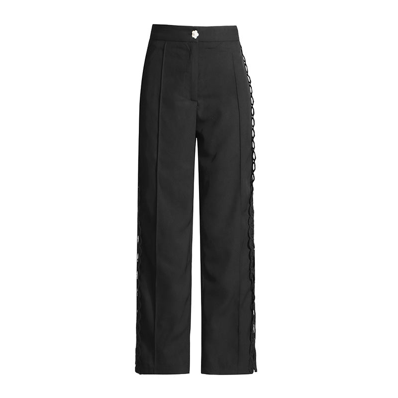 Black wide-leg pants with side lacing from French Artistic Palace Embroidery Jumpsuit for fashion and ملابس