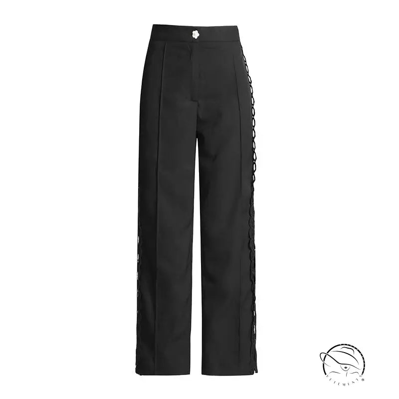French artistic palace embroidery jumpsuit with black wide-leg pants and side lacing