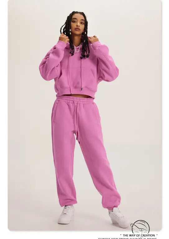 Pink Langry winter retro hooded pullover sweatsuit with white sneakers