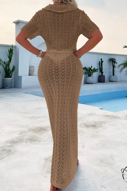 Beige long-sleeved knit maxi dress in attractive shirt and maxi skirt sets