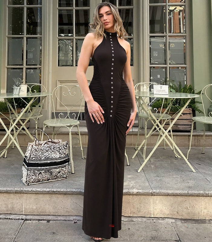 Langry black halter neck maxi dress with front button detail, fashion ملابس