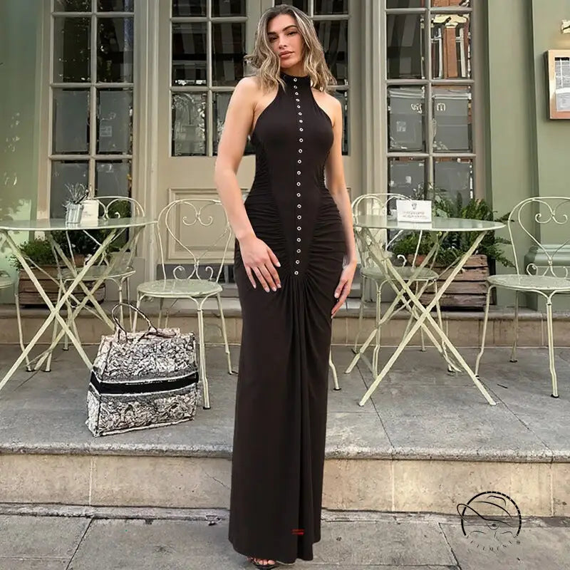 Black halter neck langry maxi dress with front buttons