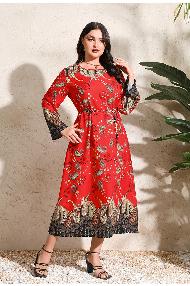 Ethnic Loose Maxi Dress Cashew Printed Long Sleeve