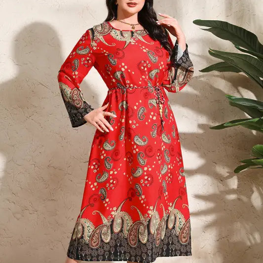 Ethnic Loose Maxi Dress Cashew Printed Long Sleeve