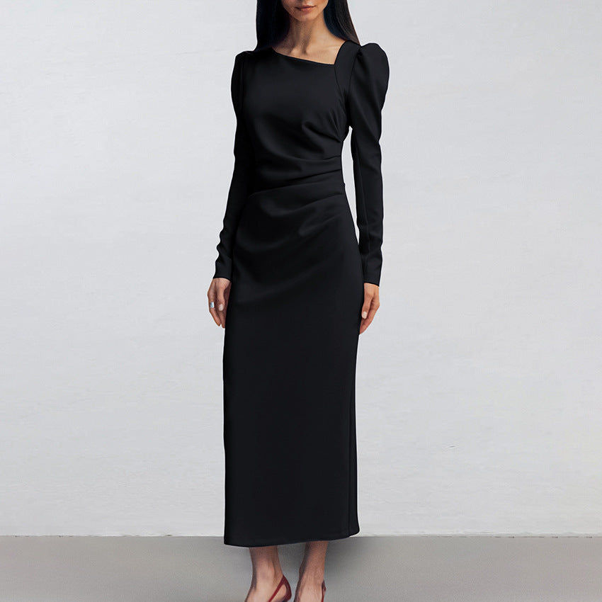 Elegant puff sleeve tight black midi dress with split side and sleeve tight design