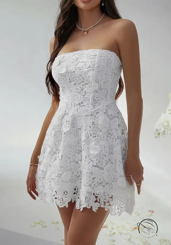 White strapless lace beautiful short dress evening gown