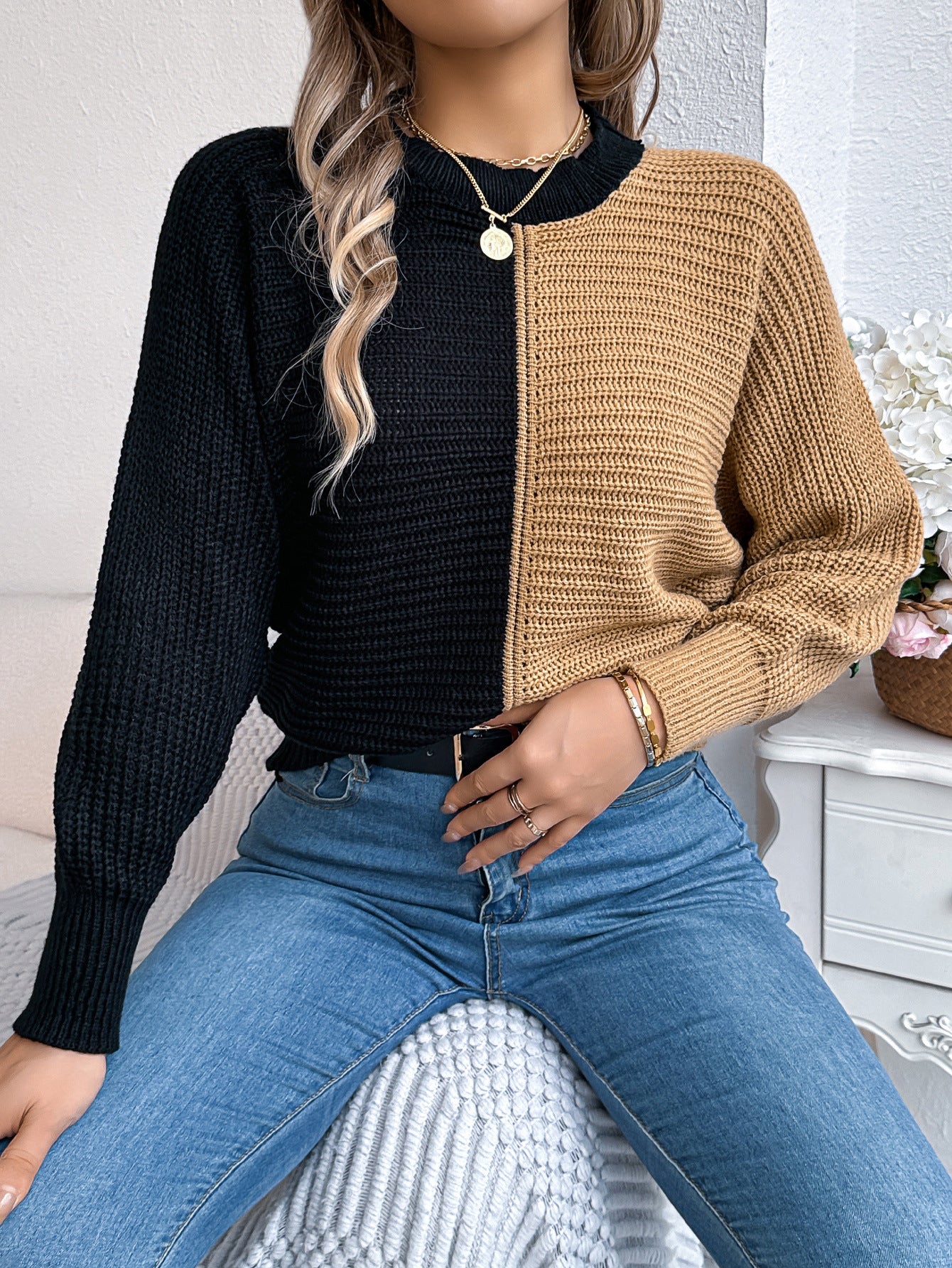 Two-tone knit sweater from Casual Shoulder Oversleeve Sweater collection, stylish ملابس fashion