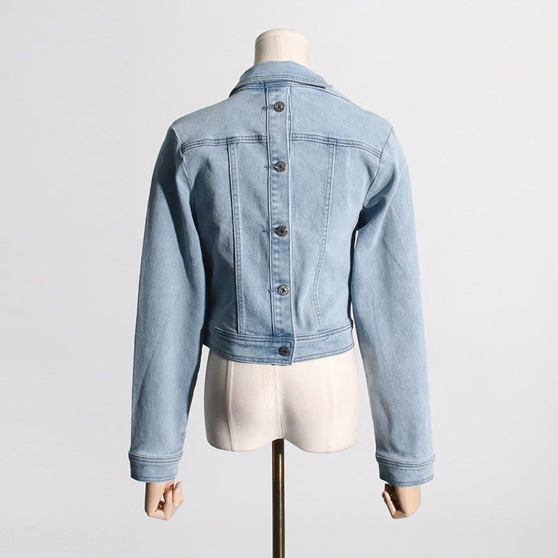 Light blue denim jacket with back buttons from Langry’s Off the Shoulder Fashion Collection