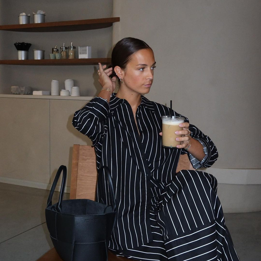 Striped black and white long-sleeved collar dress from the Office Elegant Wide Leg Pants Set