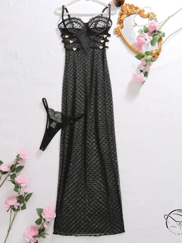 Black polka dot lace lingerie set with heart cutouts and adjustable straps