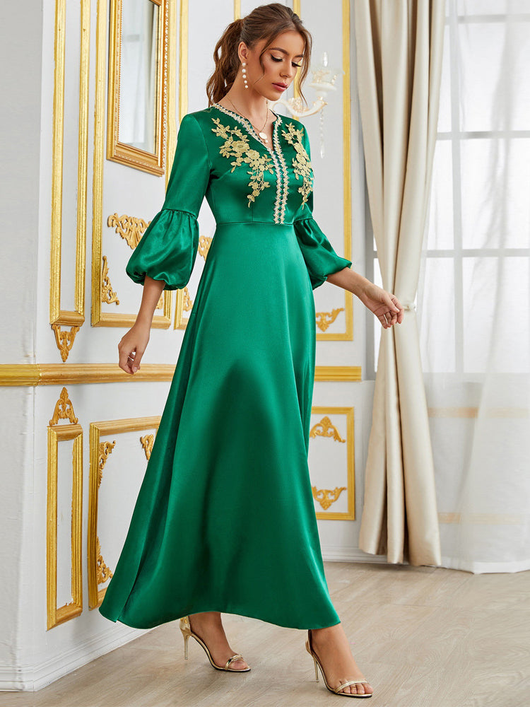 Green Langry embroidered satin fashion dress with bell sleeves