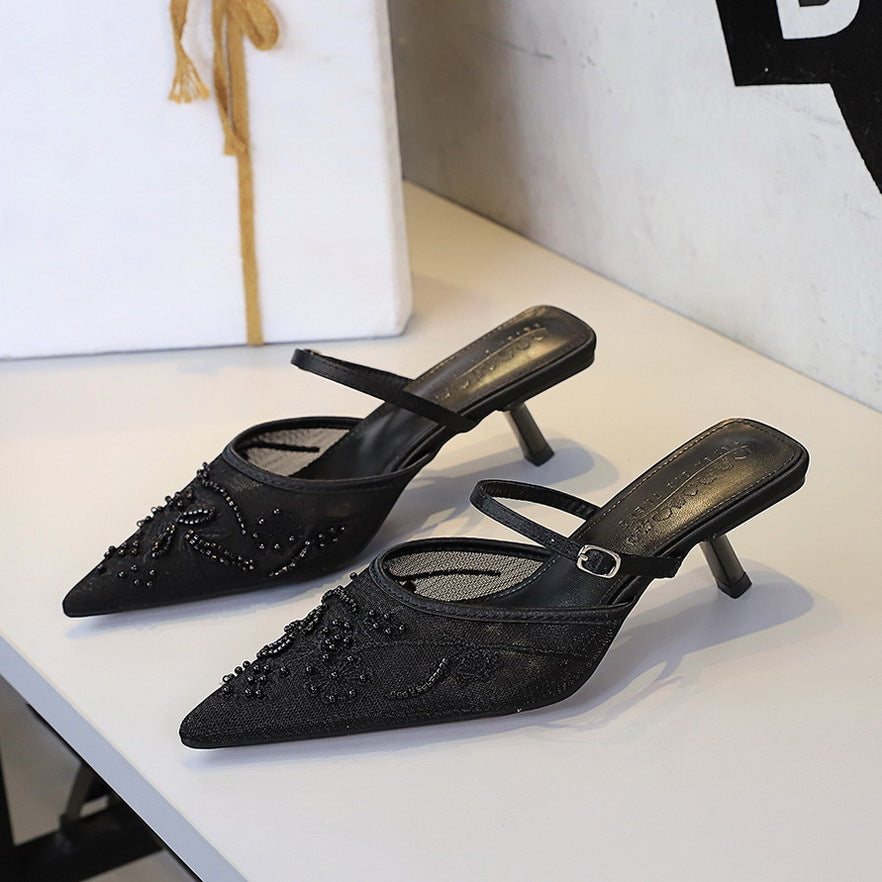 Langry black suede high heel mule with beaded floral embroidery