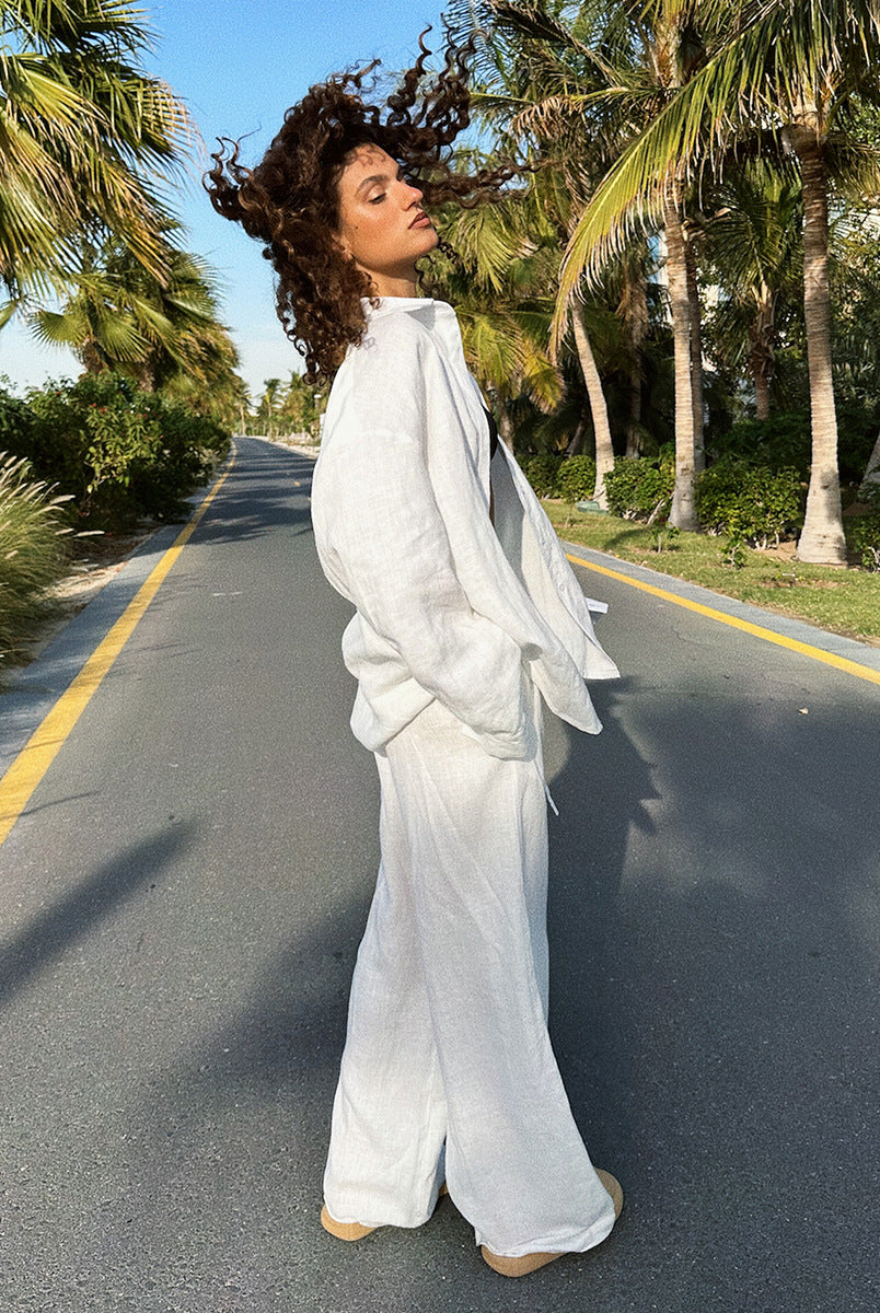 Woman in white linen outfit for Cotton Shirt Trousers Casual Sets, stylish ملابس fashion