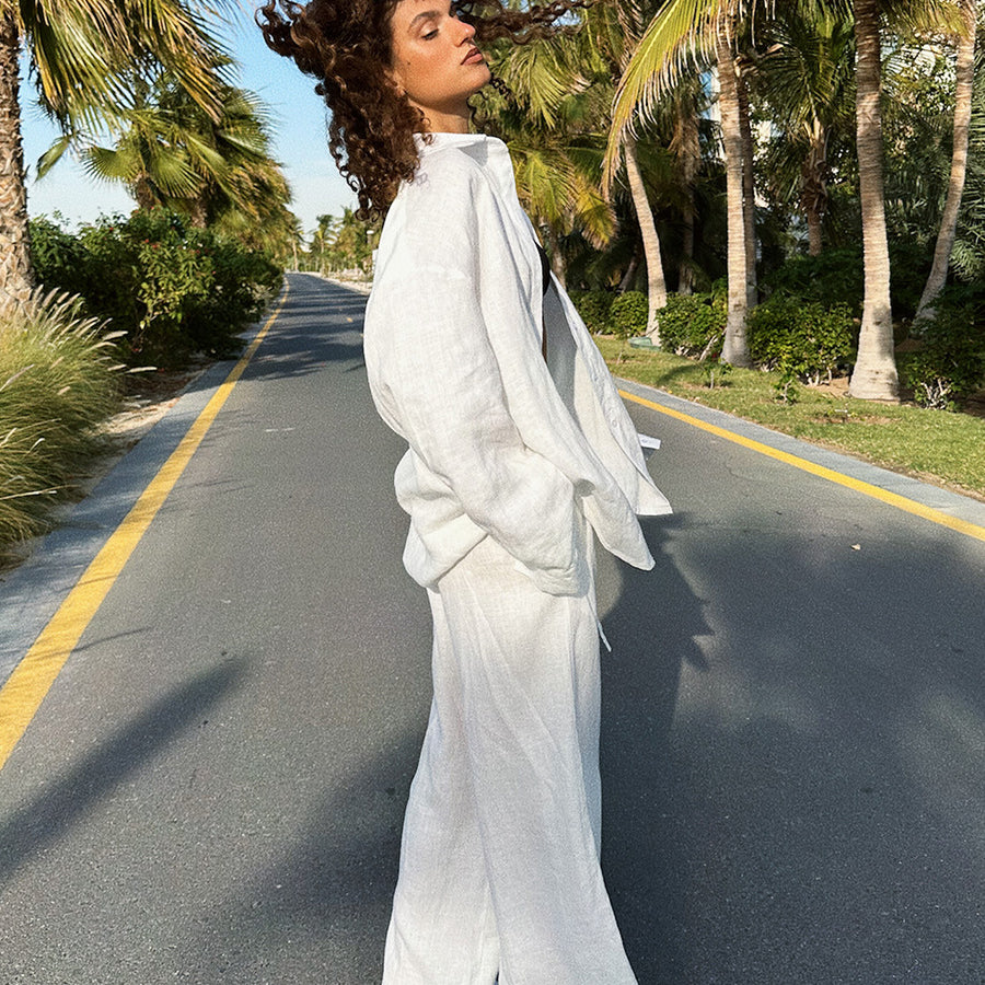 Woman in white linen outfit for Cotton Shirt Trousers Casual Sets, stylish ملابس fashion