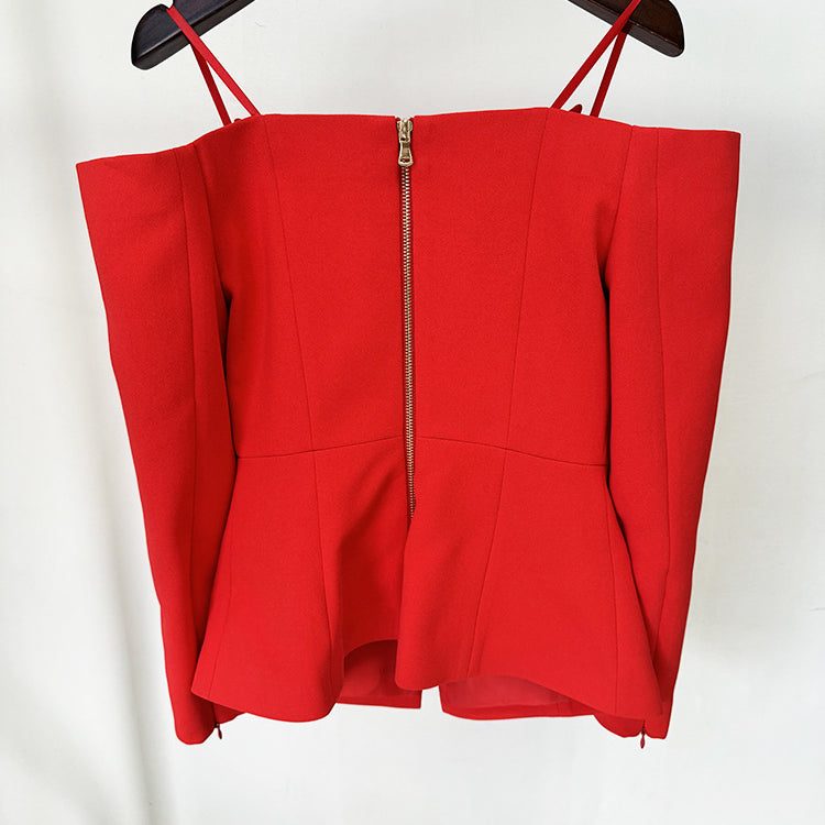Elegant off shoulder blazer in red with long sleeves and gold back zipper for fashion enthusiasts
