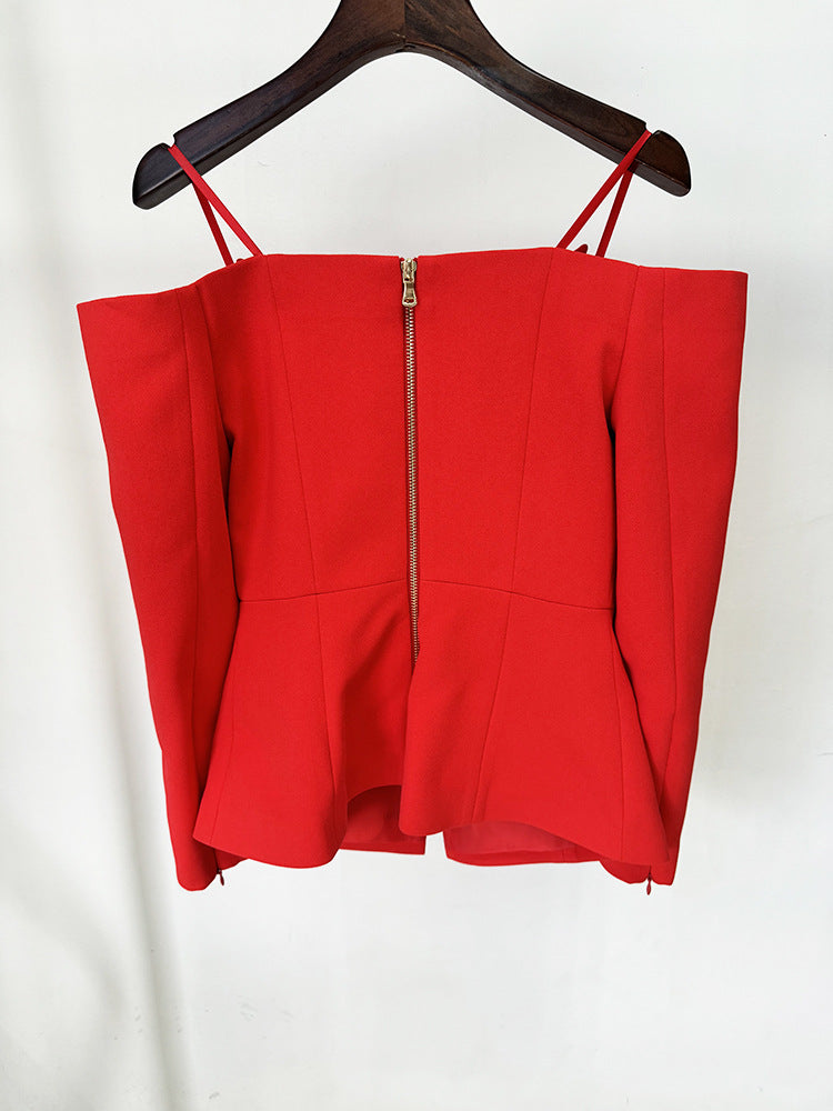 Elegant off shoulder blazer in red with long sleeves and gold back zipper for fashion enthusiasts