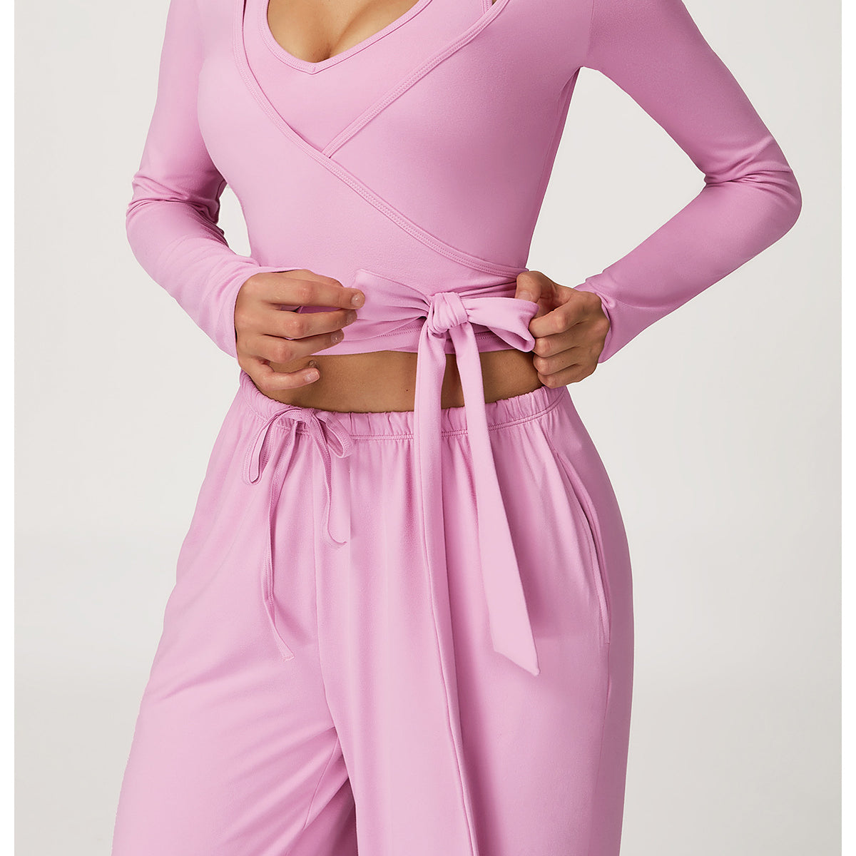 High Grade Fitness Yoga lavender langry wrap top with long sleeves and tie waist