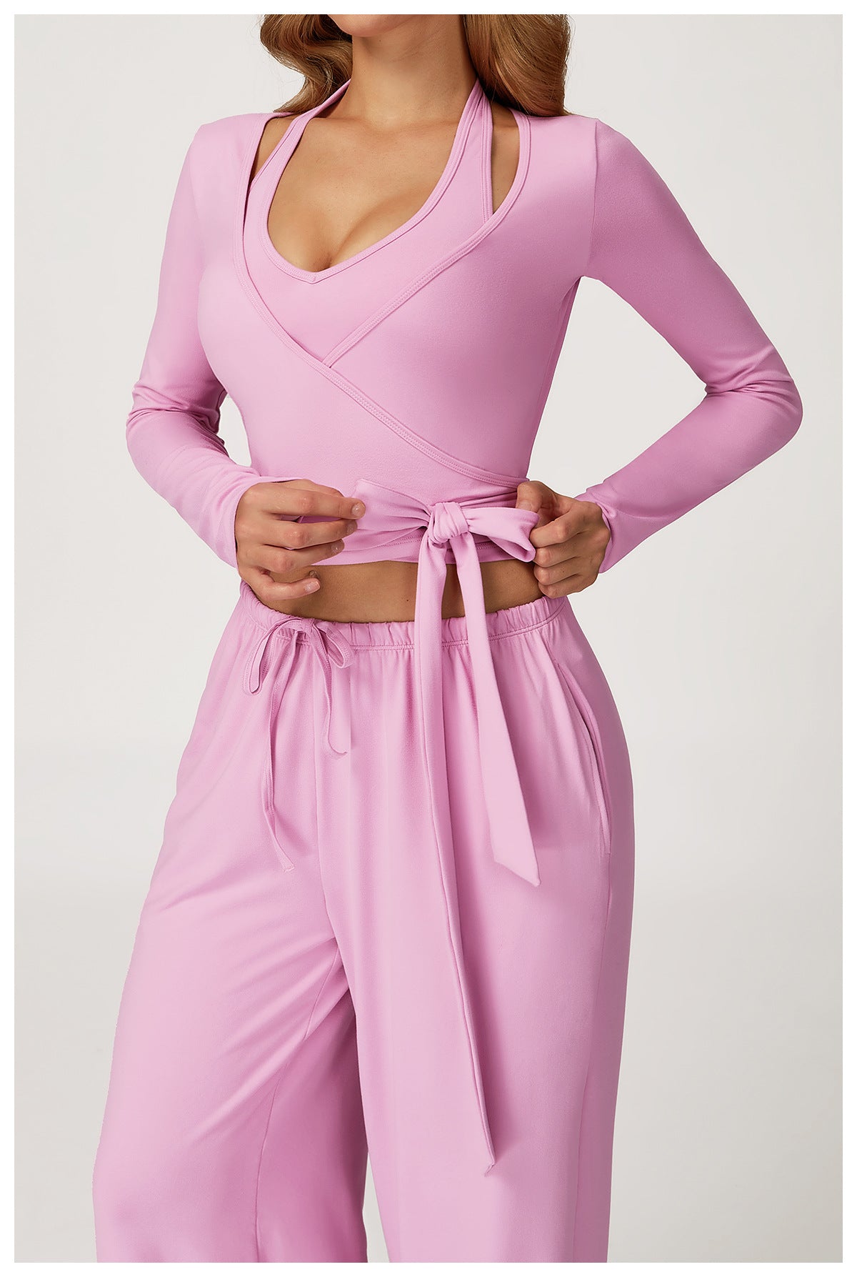 High Grade Fitness Yoga lavender langry wrap top with long sleeves and tie waist