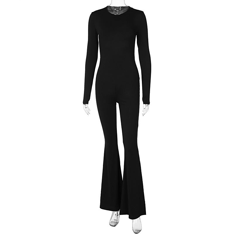 Black long-sleeved jumpsuit with flared legs and backless design, style for women