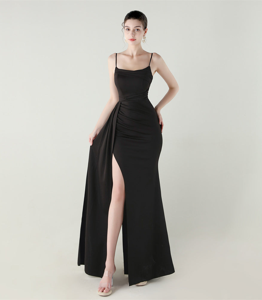 Elegant langry black satin mermaid gown with high slit, fashion evening dress