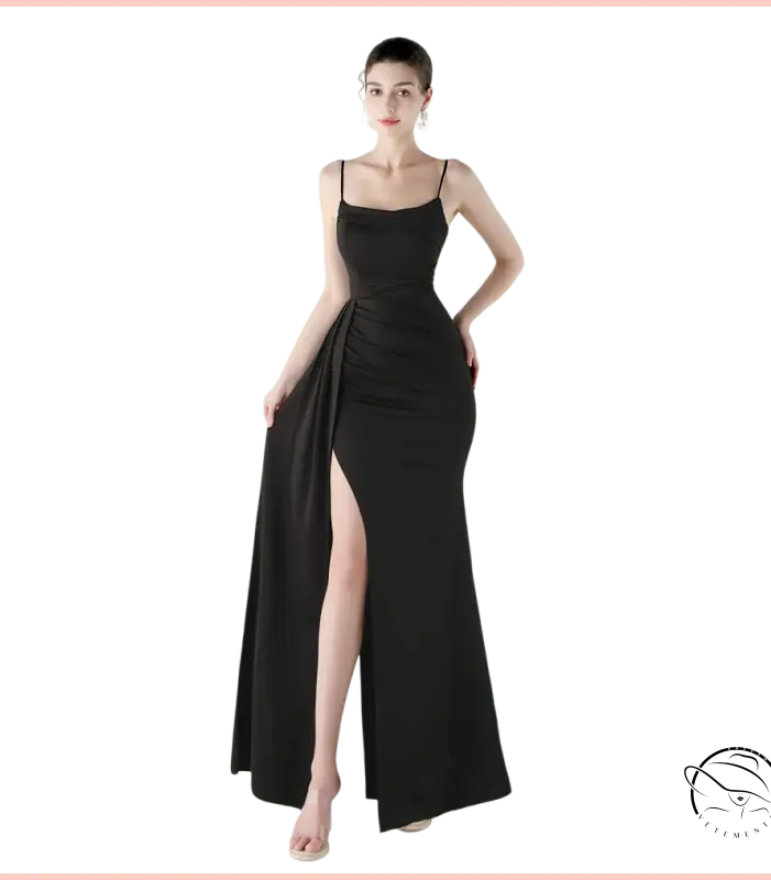 Elegant langry black satin mermaid gown with high slit, square neckline, spaghetti straps