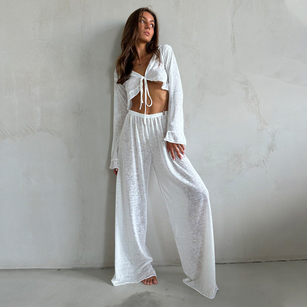 White mesh long-sleeved crop top and wide-leg pants set from Casual Loose Pajamas