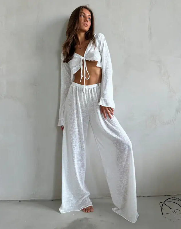 White mesh long-sleeved crop top in casual loose pajamas set