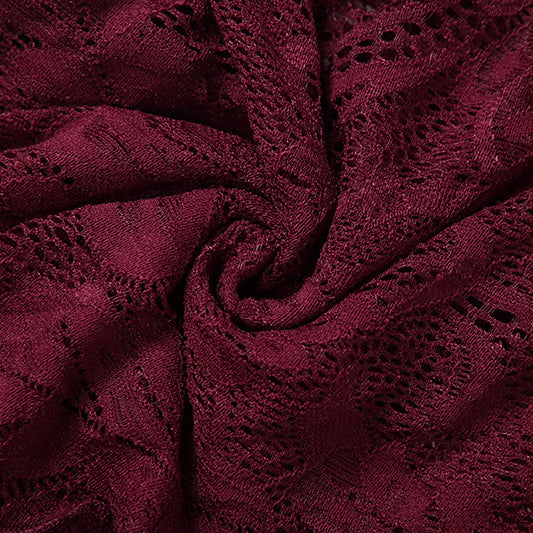 Elegant slim fit tube top dress in burgundy lace with floral pattern