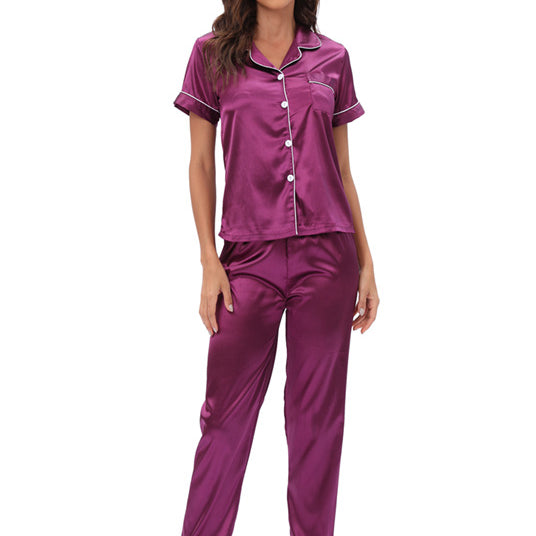 Purple langry satin pajama set with piping and button details
