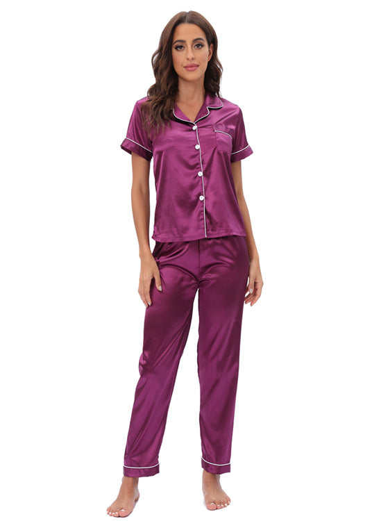Purple langry satin pajama set with piping and button details