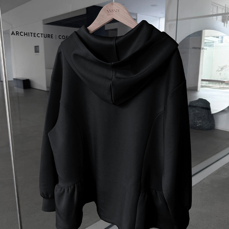 Black hooded sweatshirt with ruffled hem from Letian Ruffled Hooded Jacket in vetements winter collection