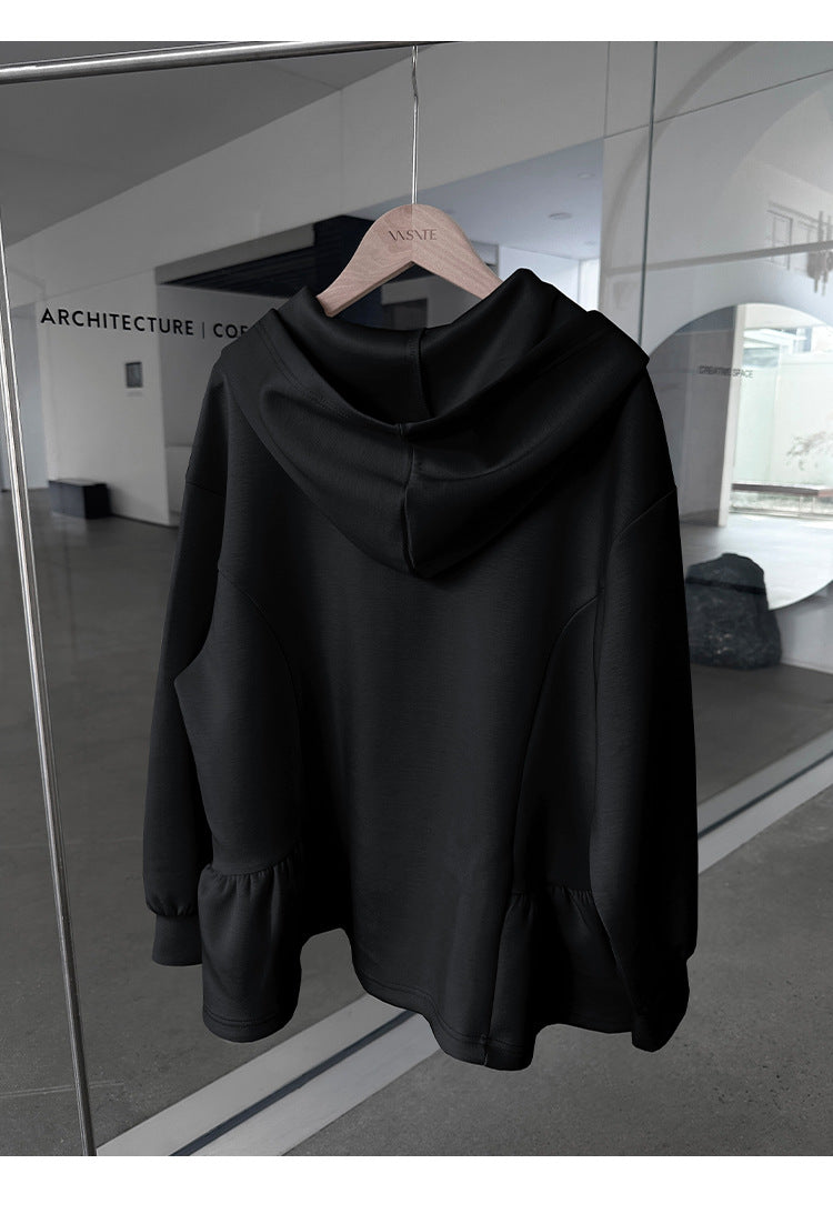 Black hooded sweatshirt with ruffled hem from Letian Ruffled Hooded Jacket in vetements winter collection