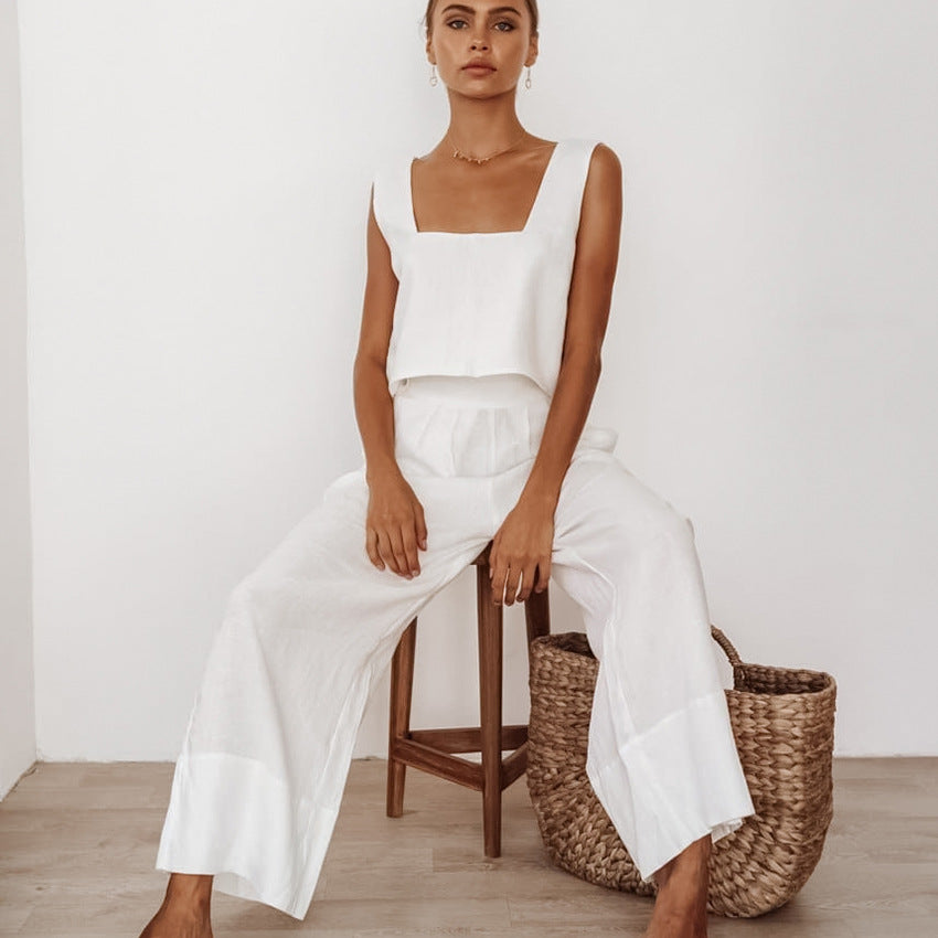 White linen two-piece set from Fashionable Cotton Linen Homewear Suit, stylish ملابس for relaxed comfort