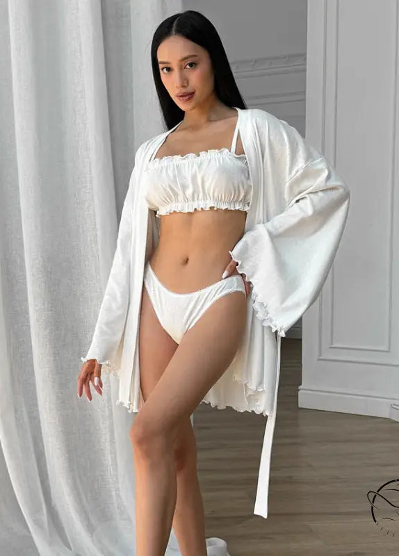 White satin robe with ruffles in Langry fashion three-piece nightgown set