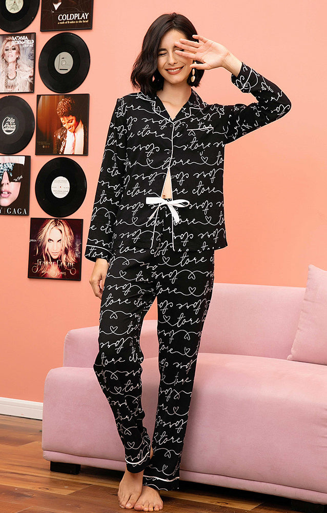 Langry black and white cotton pajama set with love design, fashion ملابس