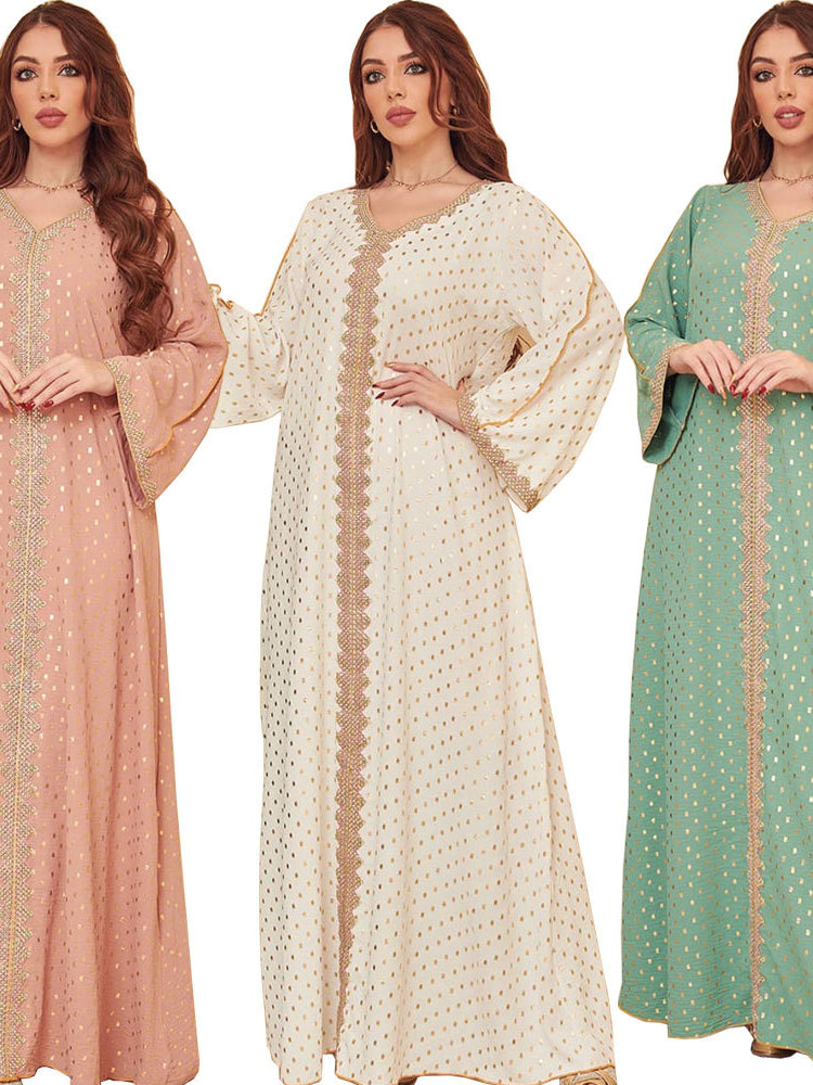 Gorgeous langry fashion embroidered kaftan dresses in peach, cream, mint green and gold