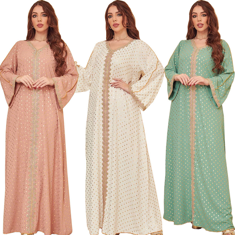 Gorgeous langry fashion embroidered kaftan dresses in peach, cream, mint green and gold