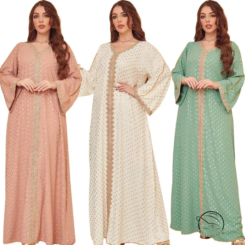Gorgeous langry fashion Middle East loose dress in peach, cream, and mint green with gold embroidery