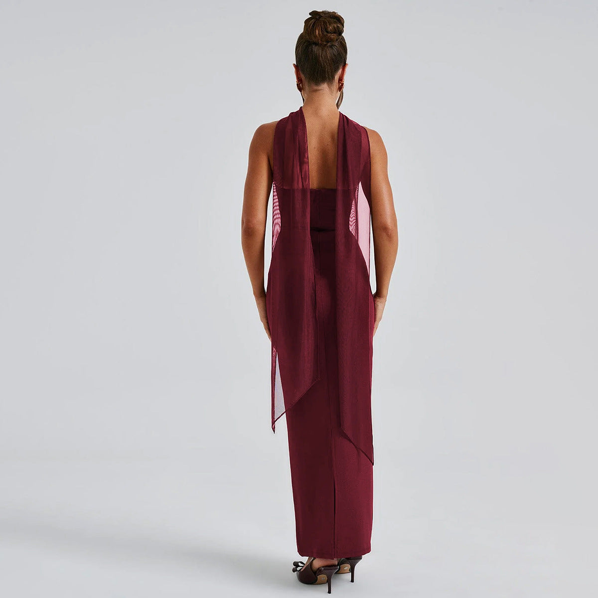 Elegant Burgundy sleeveless gown with sheer overlay from Gorgeous Winter Evening Dress, perfect for sophisticated fashion and ملابس