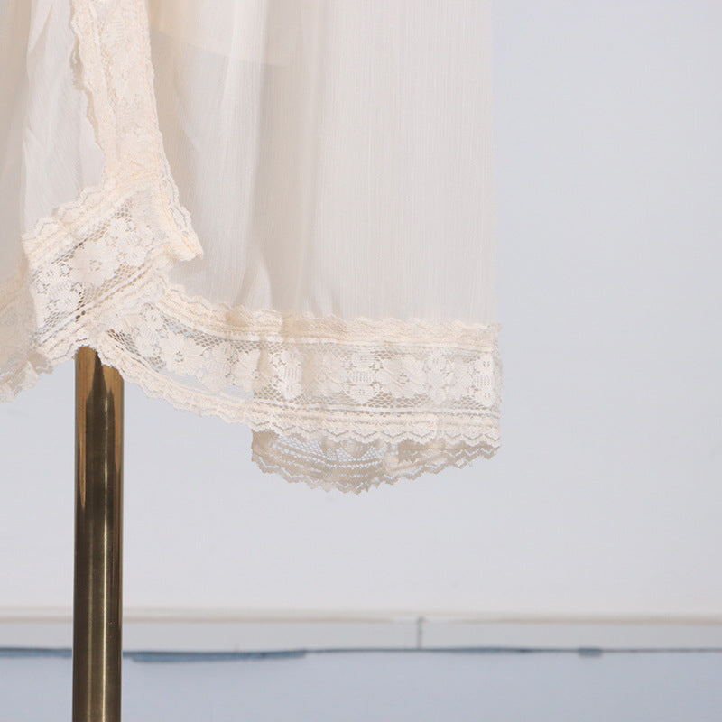 Lace-trimmed sheer fabric detail from French Stitching Lace Design dress for women’s fashion