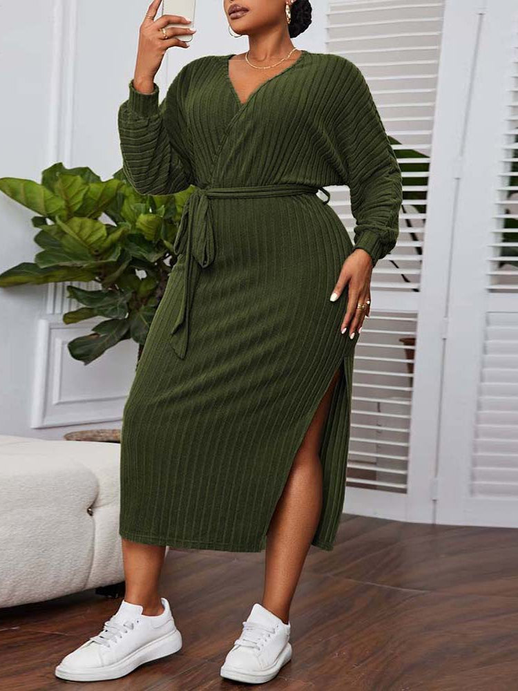 Olive green ribbed knit midi dress with V-neck, long sleeves, tie waist, high slit