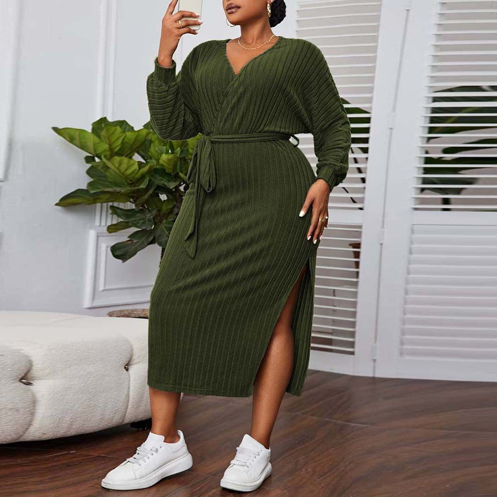 Olive green ribbed knit midi dress with V-neck, long sleeves, tie waist, high slit