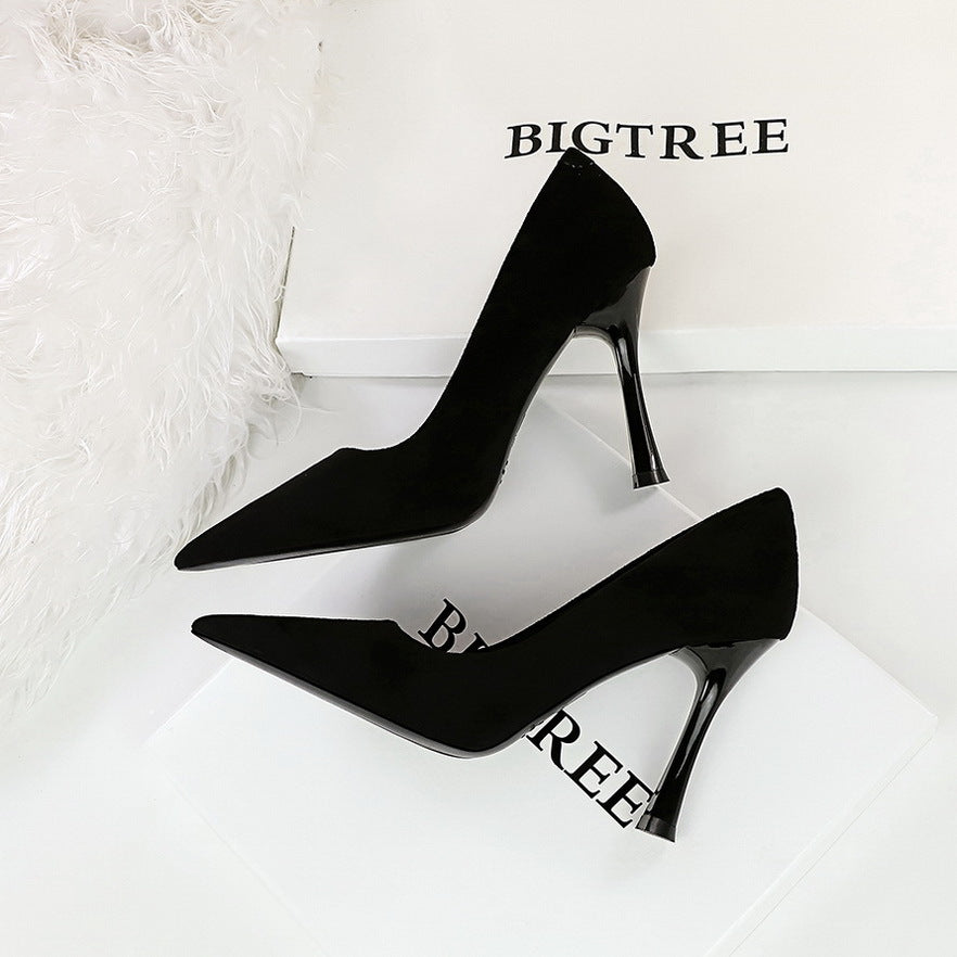 Black suede pointed-toe stiletto heels from Langry for elegant fashion outfits
