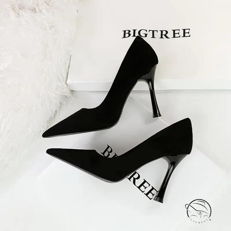 Black suede pointed-toe stiletto heels from Langry fashion