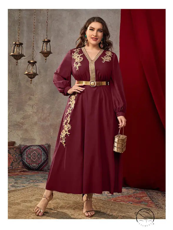 Maroon long-sleeved A-line dress with gold embroidery and belt