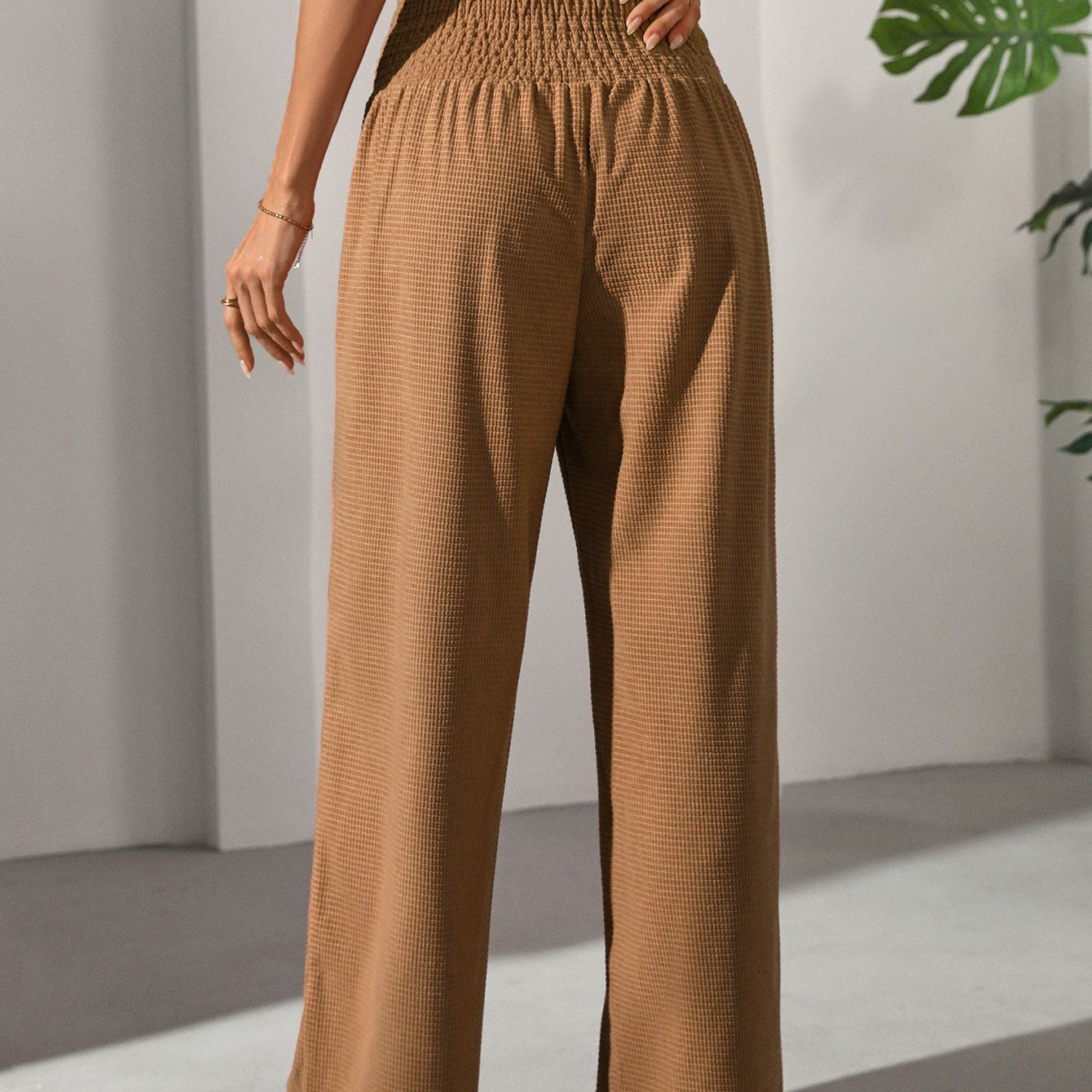 Women’s casual elegant French trousers with wide-leg design and shirred high waist