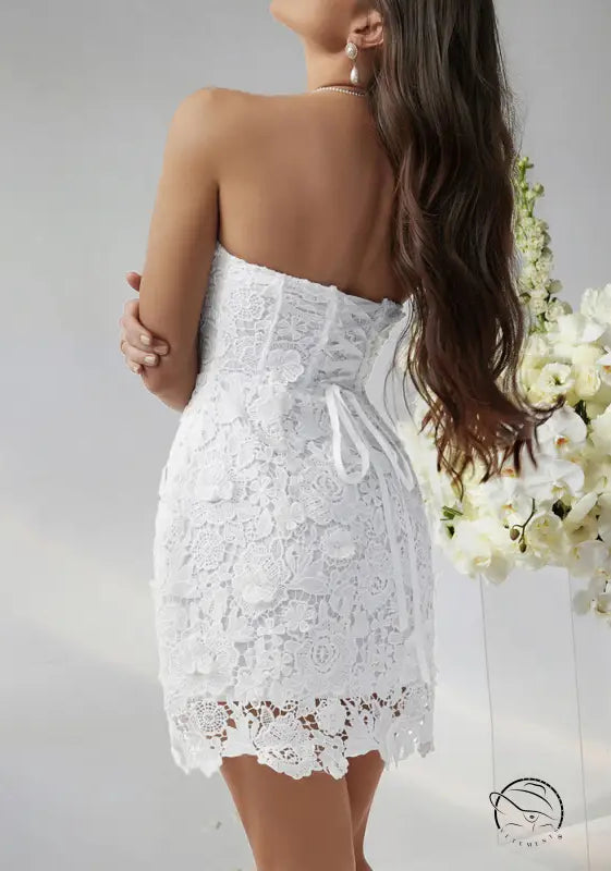 White lace strapless beautiful short dress evening gown